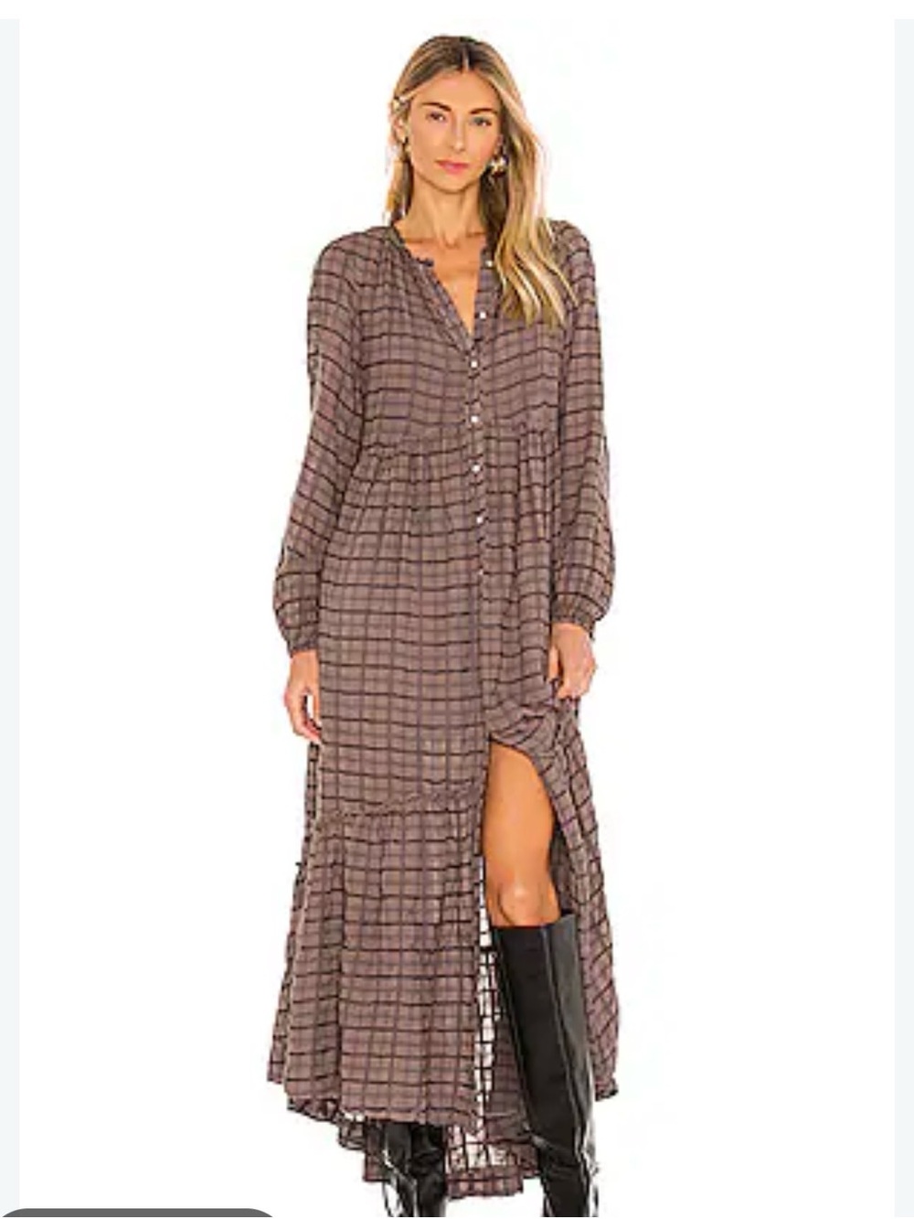 Free People Edie Plaid Tiered Maxi Dress in Brown